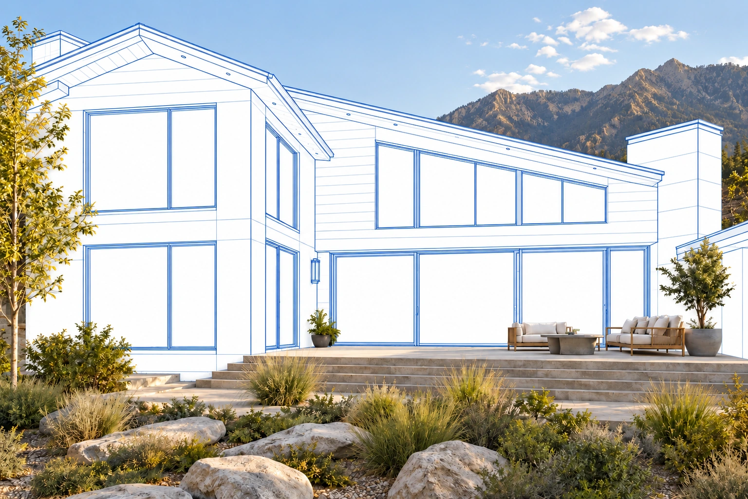 Illustrative architectural drawing with two windows marked W1, a window assembly marked W2, and a sliding door marked D1 on a blueprint house within a mountain landscape. The matching takeoff appears below.